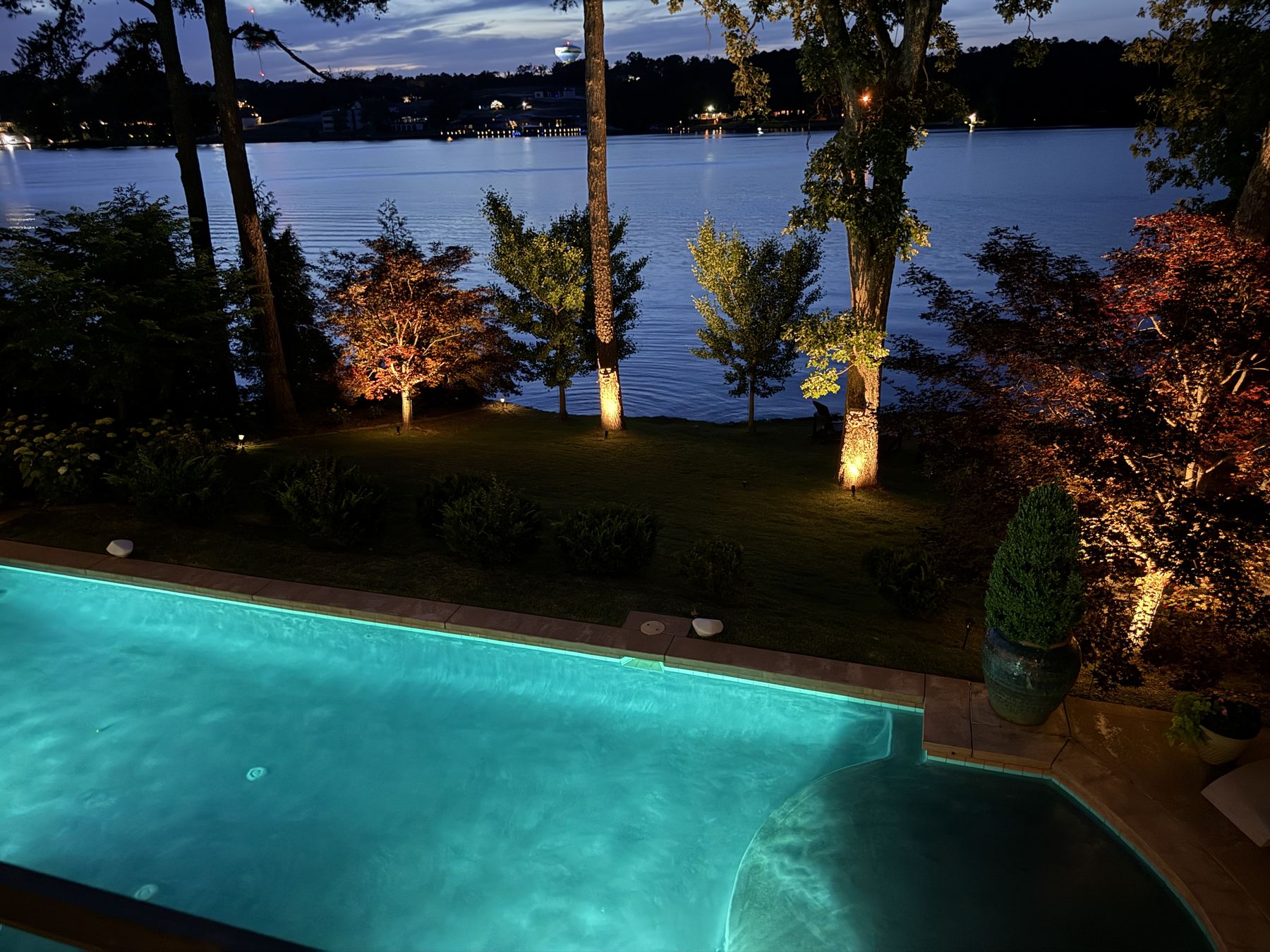 Pool and landscape lighting, lakeside property